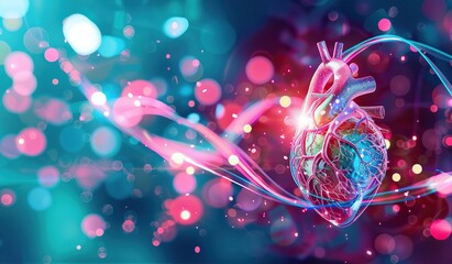 Vibrant digital heart with dynamic light effects on blue background