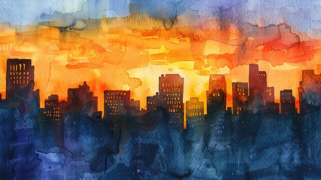 Watercolor landscape of a city at sunrise