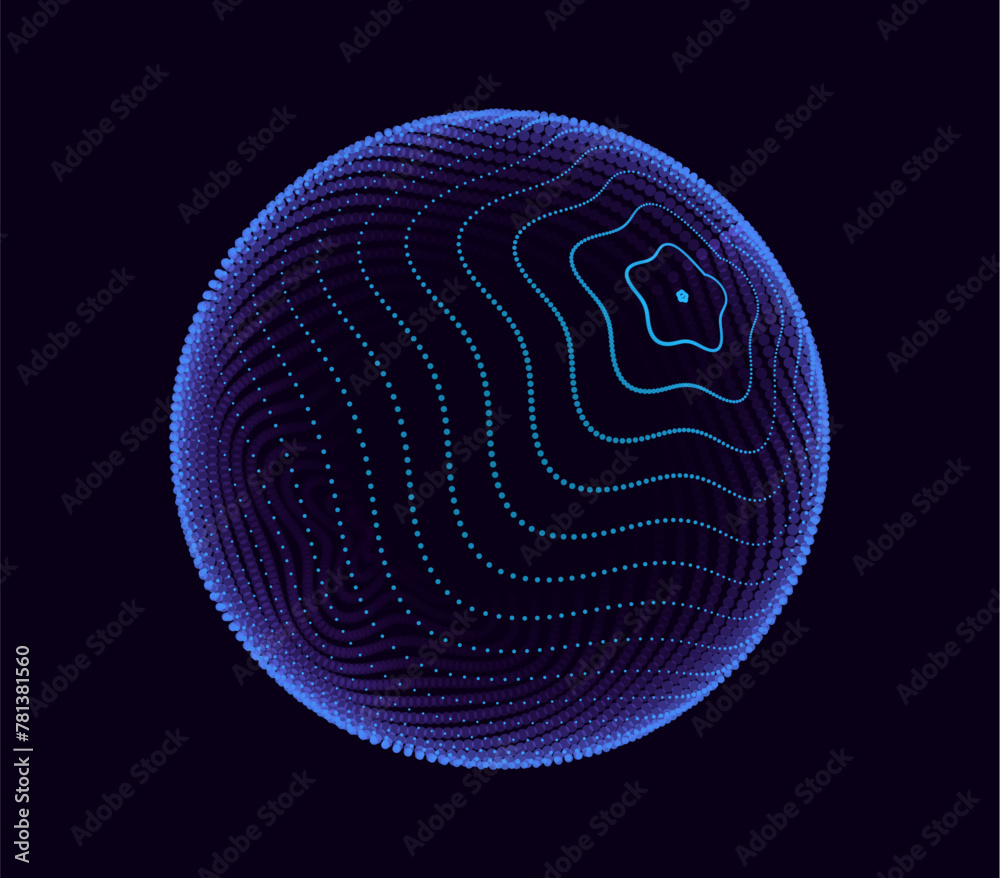 Poster Abstract 3D Sphere of Neon Dots and Stripes. Global Network Connection. Abstract Globe Grid. Worldwide Communication Concept. Science and Technology Abstract Vector Illustration.