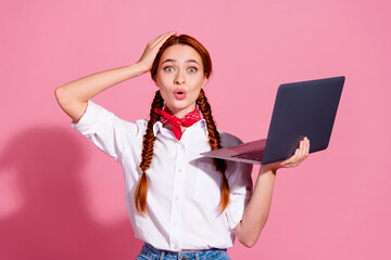 Photo of worried nervous cute girl wear white trendy clothes modern wireless netbook error bug isolated on pink color background
