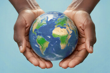Afro person holds the Earth between their hands isolated on light blue background. Concept of responsibility and care for the planet