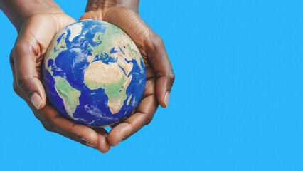 Afro person holds the Earth between their hands isolated on light blue background. Concept of responsibility and care for the planet, with copy space