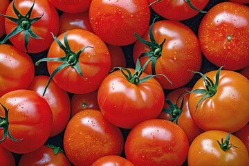 Vibrant organic red tomatoes texture background. A lot of red ripe tomatoes on the market on sunny day close