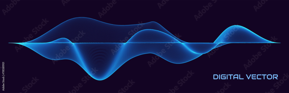 Poster Music Abstract Background. Particles Equalizer Sound Wave Big Data Design. Dynamic Light Flow, with Blurred Depth of Field Effect. Vector Illustration.