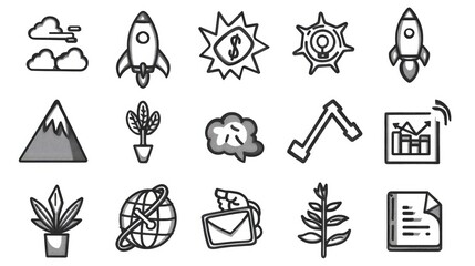 There are several kinds of doodle icons: money plant, handshake, flag on rock peak, rocket startup launch, paper document, brain, gear. Lifebuoy, growing arrow graph, hand with seedling, linear