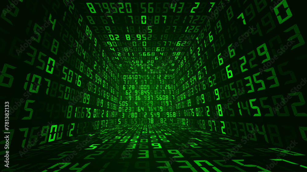Aufkleber Big Data 3D Matrix Digital Numbers. Quantum Computer CPU Core Code Concept Background. 3D Blockchain Cube Blocks Concept. Data Sorting. Artificial Intelligence. Vector Illustration.
