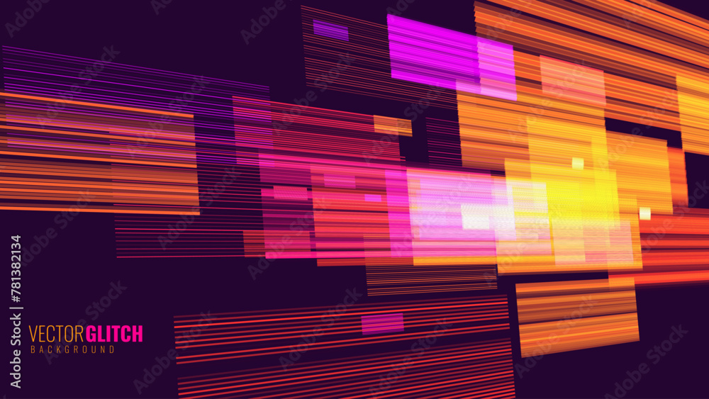 Poster Abstract Glitch Horizontal Lines Background. Unique Design Abstract Digital Noise Glitch Error Video Damage Texture. Aesthetics of Vaporwave or Cyberpunk Style. Vector Illustration.