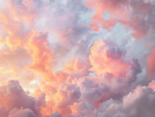 Light pink clouds in sunset blue sky. Pastel colors of clouds, sunrise sundown natural background