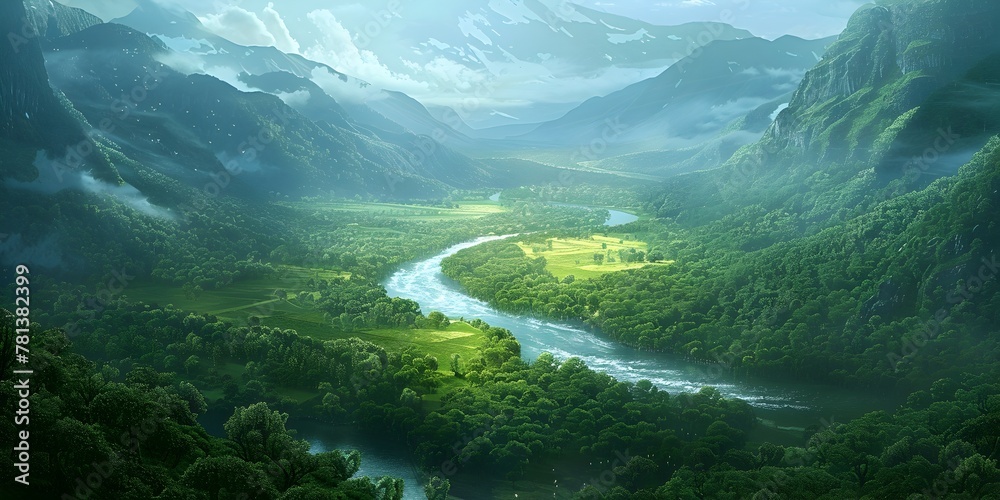 Poster Meandering River Cutting Through Deep Lush Jungle Valley Lifeline in the Heart of Untamed Wilderness