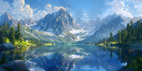 Majestic Alpine Lake Reflecting Towering Peaks in Crystal Clear Waters a Serene and Awe Inspiring Natural Wonder - obrazy, fototapety, plakaty