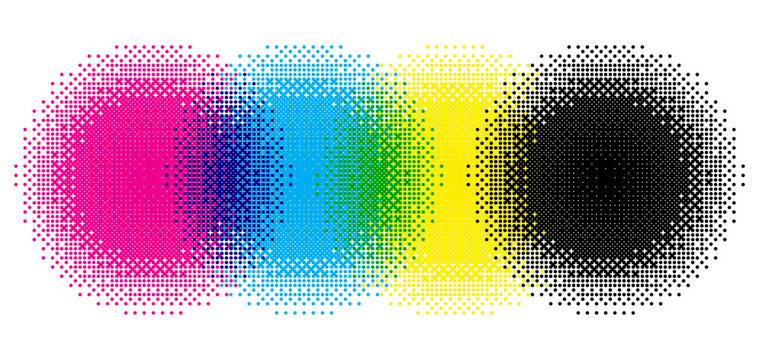 CMYK Halftone Dither Circles Background. Raster Print Overlay Effect. Vector Illustration.