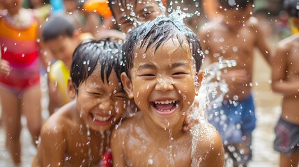 Exuberant Children Enjoying Refreshing Water Spray in Joyful of Playful Spirit