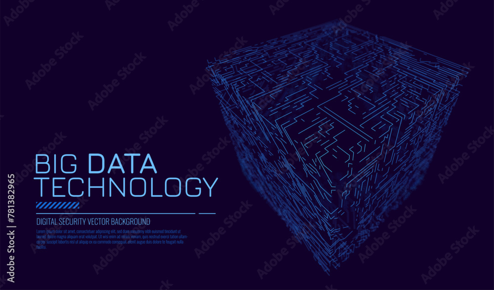 Poster Big Data Cube Quantum Computer Server Concept Background. Light Dots with Depth of Field Effect. Data Sorting. Artificial Intelligence HUD Design Element. Computer Science Vector Background.
