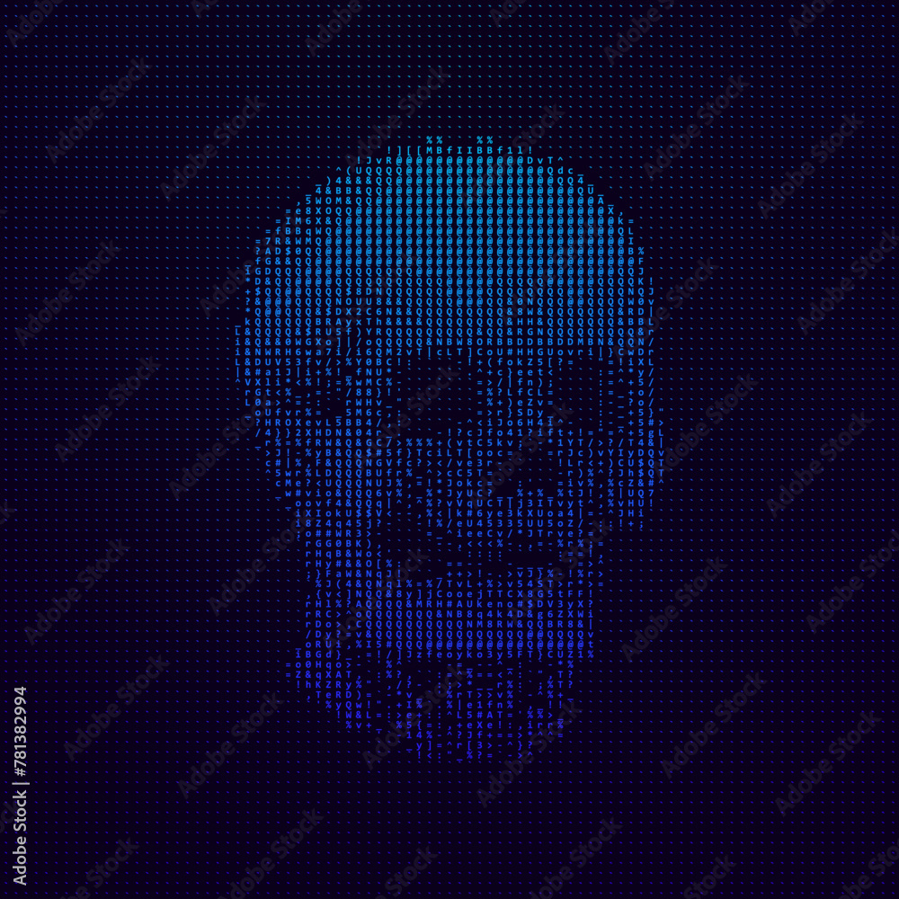 Poster Skull Old School Terminal ASCII Art. Danger Piracy Sign of Text Characters and Numbers. Hacking, Ddos Attack, Spam, Computer Virus Trojan Concept. Malware Ransomware Deadly Code Vector Illustration.