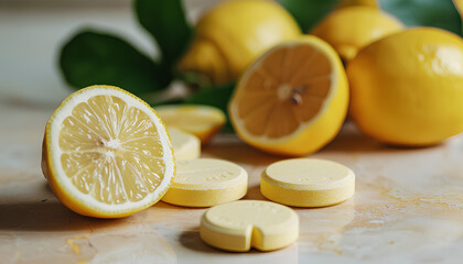 Vitamin C effervescent tablets and lemons on beige grunge table