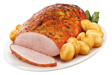 prato com pernil de porco assado acompanhado de batatas assadas isolado em fundo transparente