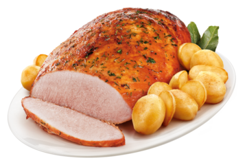 prato com pernil de porco assado acompanhado de batatas assadas isolado em fundo transparente