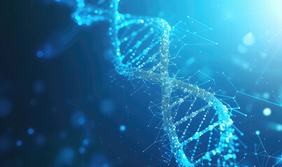 dna. abstract 3d polygonal wireframe dna molecule helix spiral on blue. medical science, genetic biotechnology, chemistry biology, gene cell concept