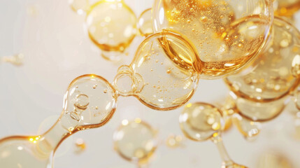 Golden translucent cosmetic molecules in 3D rendering with simple cell background