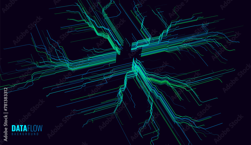 Poster Abstract CPU Computer Microchip Technology Circuit Board Background. Digital Data Transfer through Tech Lines. Motherboard Digital GPU Chip Blue Banner. Cyber Vector Illustration.