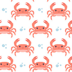 Seamless pattern with cute crabs and sea water bubbles. Baby background, design for scrapbooking, wrapping paper, wallpaper, nursery. Cartoon hand drawn style. - obrazy, fototapety, plakaty