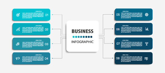 Business infographic design template with 8 options, steps or processes. Can be used for workflow layout, diagram, annual report, web design	