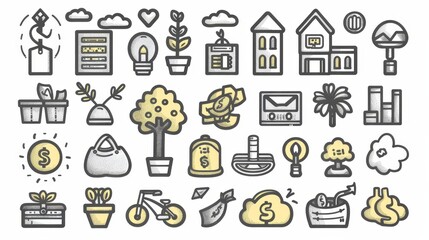 Money tree in flowerpot, building, purse, dollar coin, paper currency bills, growing arrows, piggy bank, pos terminal, scales, finance doodle icons.
