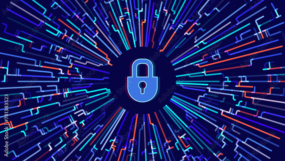 Poster Cyber Security Technology Background. Cyber Lock Icon. Digital Circuit Network Protection Backdrop. Vector Illustration.