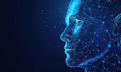 Human head created in low poly style. Man face polygon light. Emotional Intelligence allegory AI. Facial Recognition System concept. biometric scanning, 3D scanning