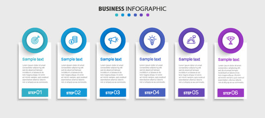 Business vector infographic design template with icons and 6 options or steps. Can be used for process diagram, presentations, workflow layout, banner, flow chart, info graph	