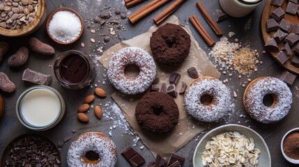 Fototapeta na wymiar Decadent Chocolate Donuts with Assorted Baking Ingredients