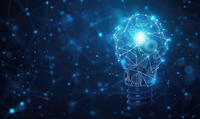 Abstract blue glowing light bulb with gears inside. Machine learning and AI concept Low poly style design. Abstract geometric background. Wireframe light connection structure