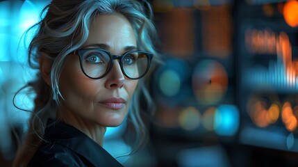  a mature businesswoman in a sophisticated office environment, her laptop displaying charts and graphs as she oversees important tasks. - obrazy, fototapety, plakaty