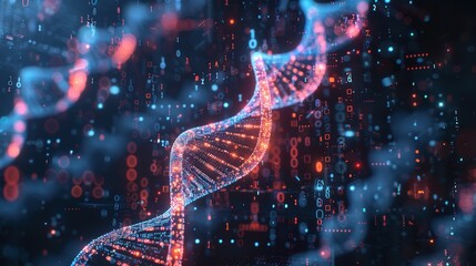 A very close illustration of DNA with a dark backdrop a medical background or a research banner backdrop with space, Generative AI.