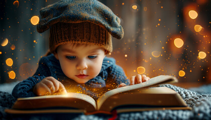 Little boy is passionate about reading, the magic of reading, a magical book of fairy tales.