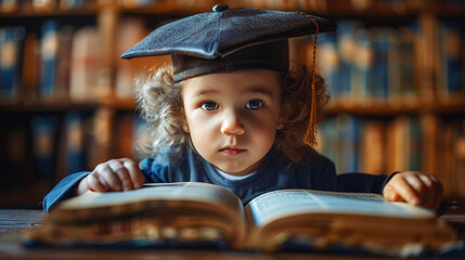 A little boy in a square academic cap, thinking about a book, the magic of reading in the library, a magical book of fairy tales.