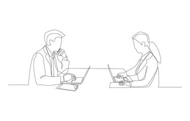 Continuous one line drawing of businessman and businesswoman working on same table, business working concept, single line art.