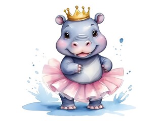 Obraz na płótnie Canvas Cute chibi hippo wearing a tutu watercolor drawing, funny cartoon for kids, baby