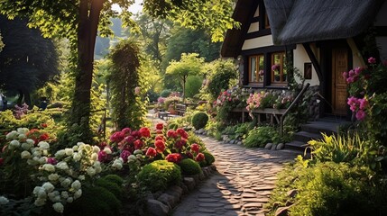 Beautiful garden in the morning light with flowers and cozy house. - obrazy, fototapety, plakaty