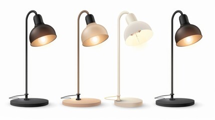 Modern realistic set of three 3D desk lamps with bulb, shade, and round stand isolated on white background for office, bedroom or living room interior. - obrazy, fototapety, plakaty