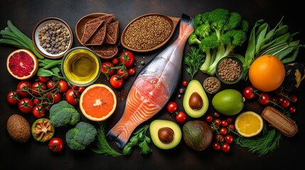 Healthy food ingredients for cooking on black background. Top view.