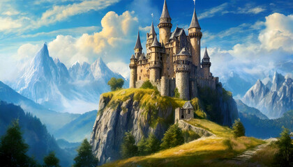 Ancient medieval fantasy castle on top of a hill in a mountain landscape against a blue sky with clouds. Generative Ai.