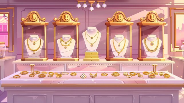 This modern illustration of a jewelry shop showcase shows mannequins wearing gold necklaces, diamond rings, iWatches in boxes and earrings.