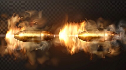 Isolated smoke traces from fired bullets on transparent background. Modern realistic set of 3d brass, metal, and pellet bullets with motion effect from a weapon.