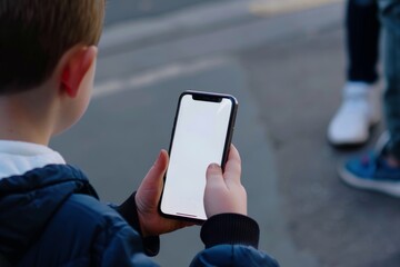 App demo near shoulder of a boy holding an smartphone with a completely white screen