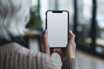 Ui mockup through a shoulder view of a middle-aged woman holding an smartphone with a completely white screen