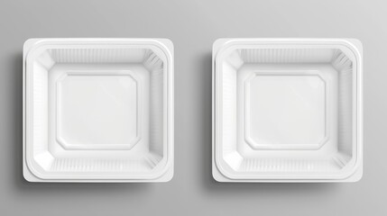Three-dimensional mockup of a 3D polystyrene package for lunch, meal, and fresh products. White plastic trays, empty Styrofoam containers, transparent film wrapper.