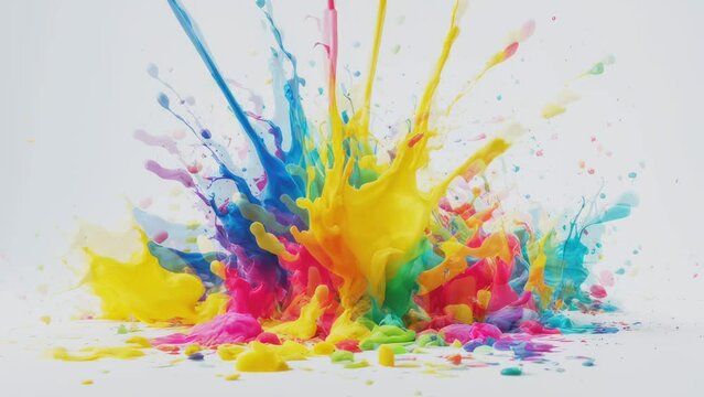Colorful Paint Splashes in Super Slow Motion Isolated on White Background