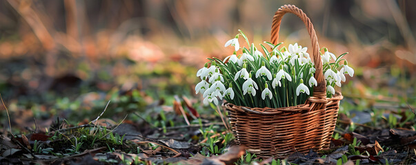 Basket with bouquet of wild snowdrops in forest clearing. Spring banner with first white flowers with copy space. The Day of Snowdrop concept. Floral background of fresh nature for ecology concept.