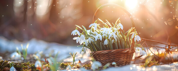 Basket with wild snowdrops at sunset, sunrise in forest clearing. Spring banner with first white flowers with copy space. The Day of Snowdrop concept. Floral background of fresh nature ecology concept - Powered by Adobe
